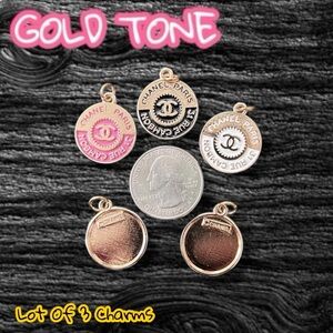 Lot Of 3 CC Gold Tone Round Zipper Pull Button Charms 20mm